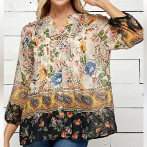 Fig & Flower Top Womens Large Yellow Beige Blue Floral Art Elegant Career Party